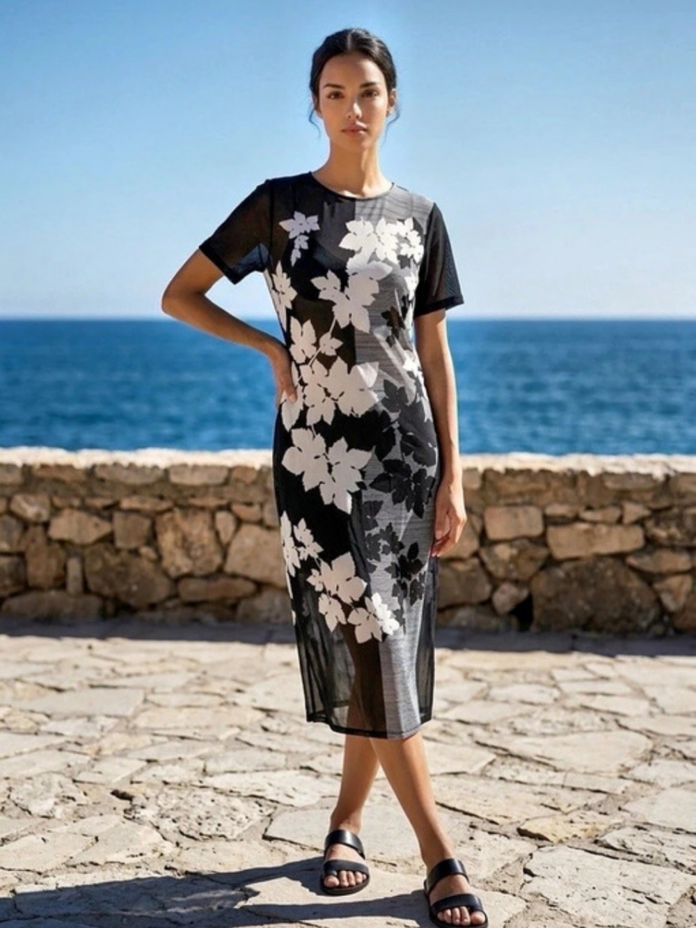 Vince Camuto Modern Crepe Items Floral Midi Dress in Black & White Size XS NWT